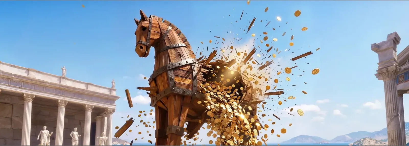 Wooden horse bursting with gold coins β jackpot artwork at Betmica