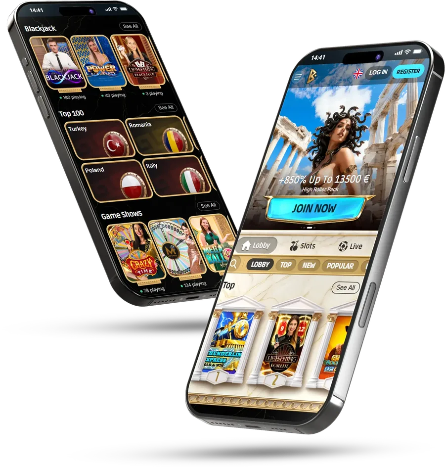 Two smartphones showing the Betmica mobile lobby and live tables